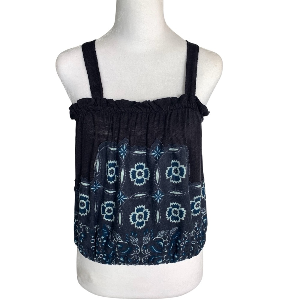 Free People Size S New Love Life Bubble Tank Top Navy Blue Floral Linen Blend